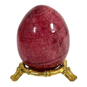 VTG Italian Polished Alabaster Marble Stone Egg Pink Red Italy + Stand Easter